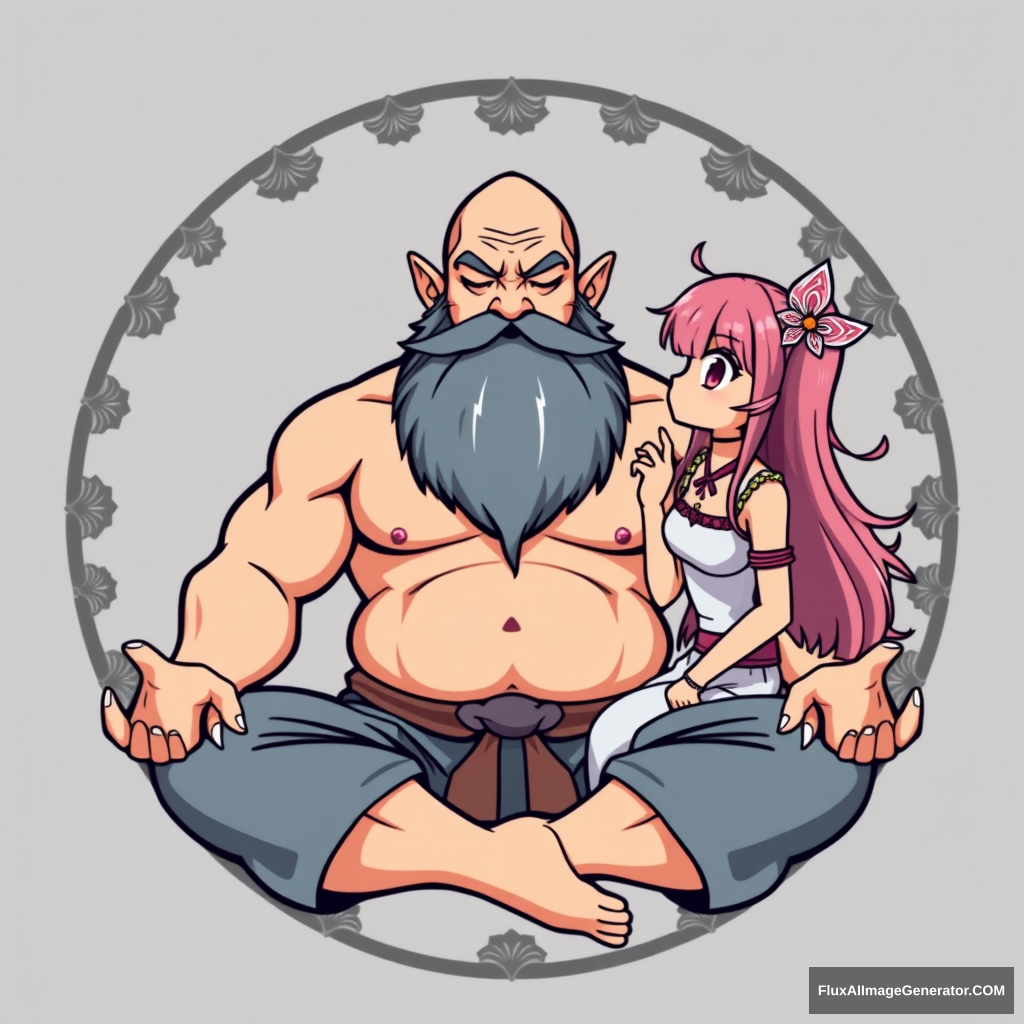 Tahir Yoga Center logo: a muscular large bald dwarf with a beard in the lotus position flirts with an anime girl. - Image