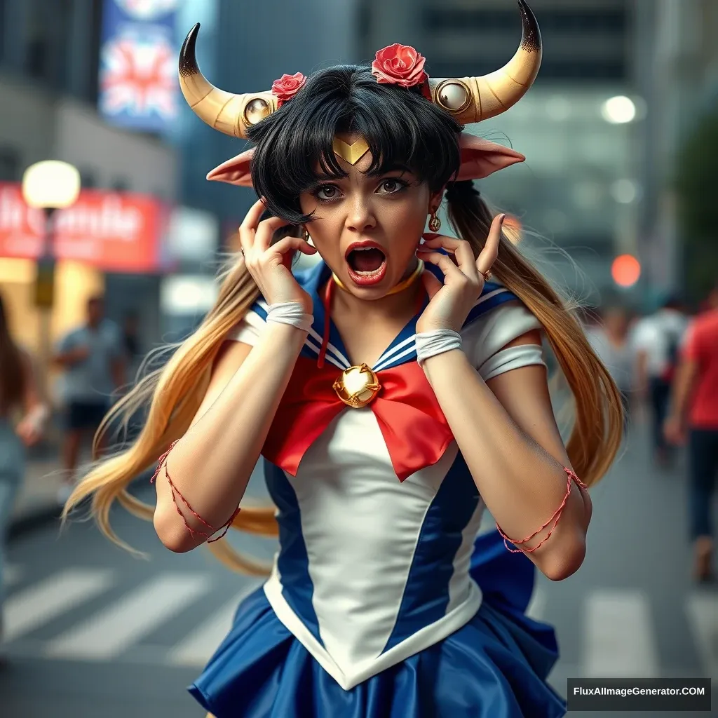 The photograph of the real-life Sailor Moon excellently captures her panicking and freaking out as she is transformed into a highly obscene and perverse bovine hybrid.