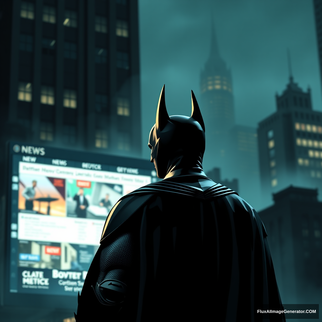 Batman watching on his big screen all the news in Gotham.