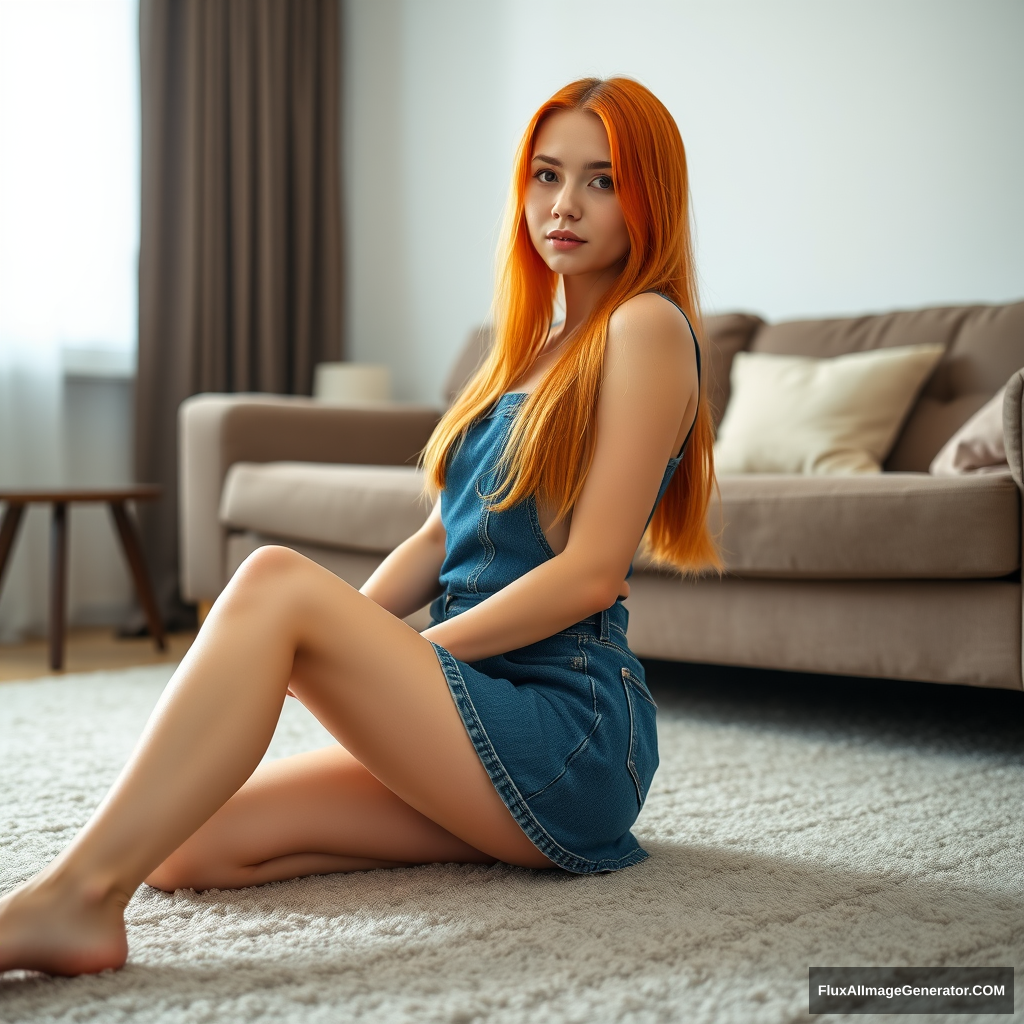 Young woman wearing a denim skirt. Sitting on the carpet in the living room. Leaning back against the couch. Straight legs. Long orange hair. Pale skin. - Image