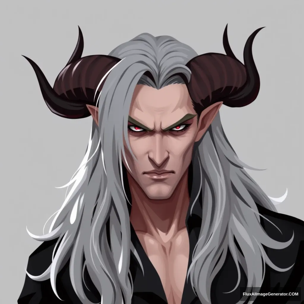 Emote of a male vampire with grey long hair and horns.