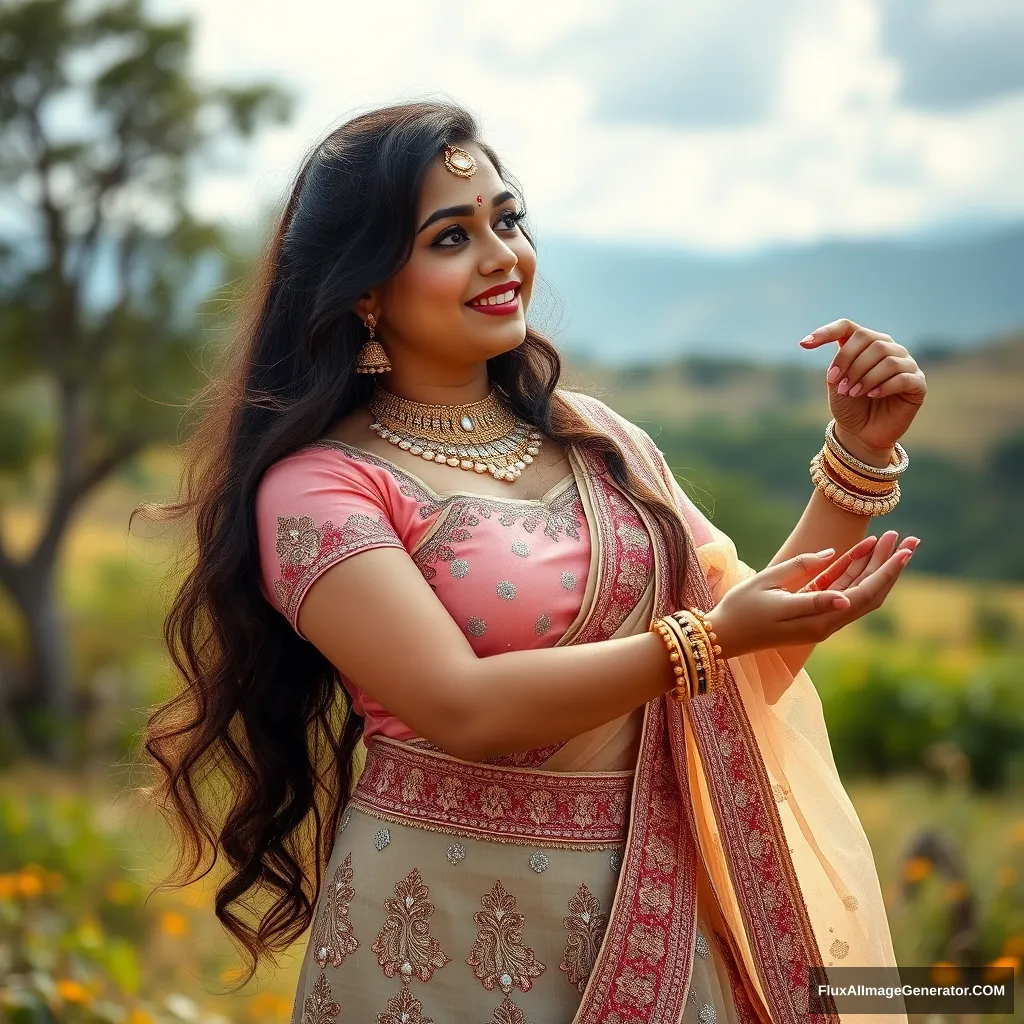 She is a white girl (not deformed), with a fit face, blushing, a curvy body, brunette hair, new imaginary hairstyles, outdoors in a beautiful natural place (Heaven). She is wearing a lehenga (full body, imaginary), striking cute poses, in a full body portrait, captured with a 15360x8640 resolution by a Phase One XF IQ4 150MP Camera (8k quality), super high-quality photo, movie still, with saturated bold colors. - Image