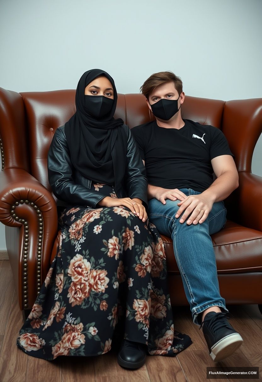 A biggest black hijab girl, slim girl, beautiful eyes, face mask black, black leather jacket, biggest floral long dress, black leather sneaker, sitting on leather single wing sofa,

Jamie Dornan, youngest, puma black T-shirt, jeans, black leather sneaker, tall man, face mask black, fit body, sitting near her,

hyper realistic, studio photography.