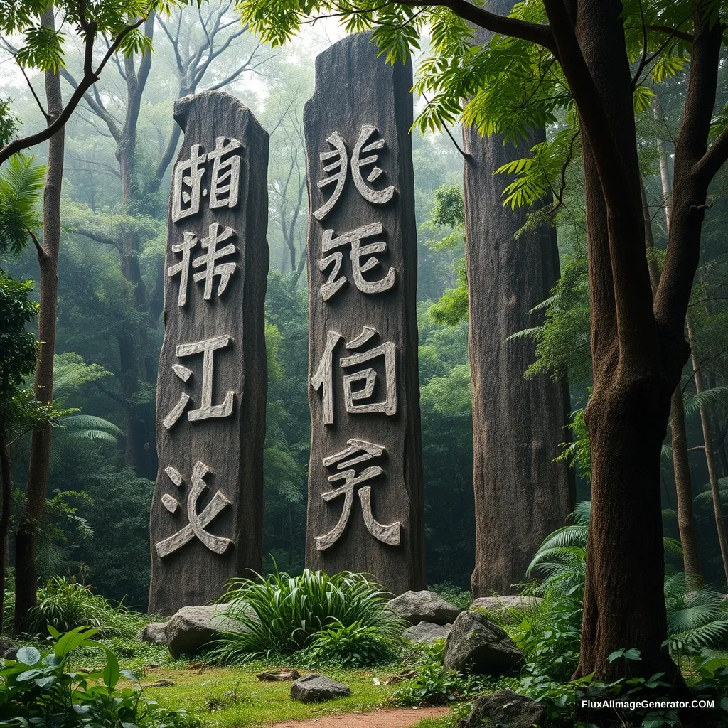 The Chinese characters "Wuyi" stand tall in the primitive jungle.