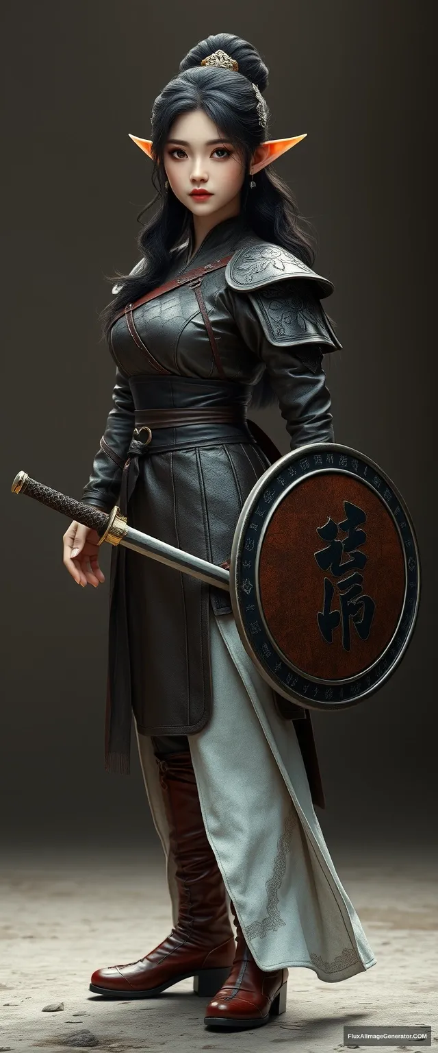 A gorgeous and elegant elf girl (Tousled hair, with a silver hairpiece) is wearing leather armor (Korean traditional clothing style), with the skirt hemline at the back. The pus is on one side of the stain, red leather boots, holding a traditional Korean sword and round shield (written "한"), hyper-realistic photo, unreal engine, front shot. - Image