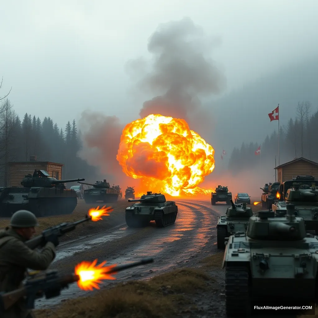 Explosion at the Swiss border called AU, gunfights and shootouts, war scene with tanks and bombs. - Image