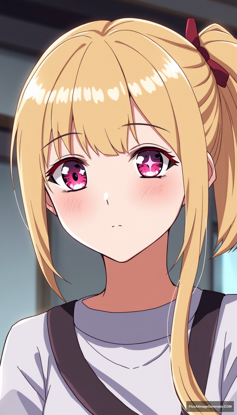 A beautiful young girl of average height with blonde hair that she ties in a side ponytail (much like how her late mother Ai Hoshino does), possessing pink-ruby colored eyes with a six-star in her left eye like her late mother. Anime style. She has a star only in her right eye. High quality.