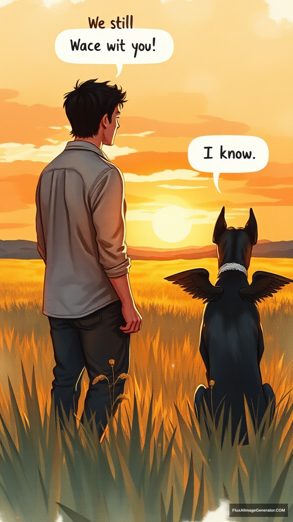 watercolor illustration: male figure in meadow at golden hour, silhouetted against vibrant sunset sky. Winged canine doberman companion sat beside. facing away from the viewer, Speech bubbles float above: "We still talk about you" (person), "I know" (dog). Nostalgic atmosphere, brushstrokes convey wistful longing. Warm palette, dreamy textures.