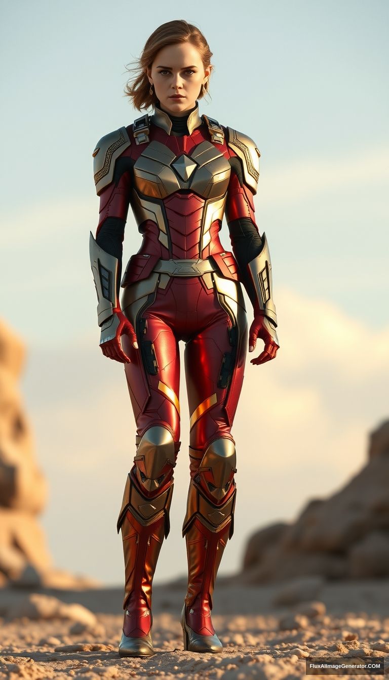 Emma Watson wears Captain America-styled armor, red-gold metallic boots, 8K, Unreal Engine.