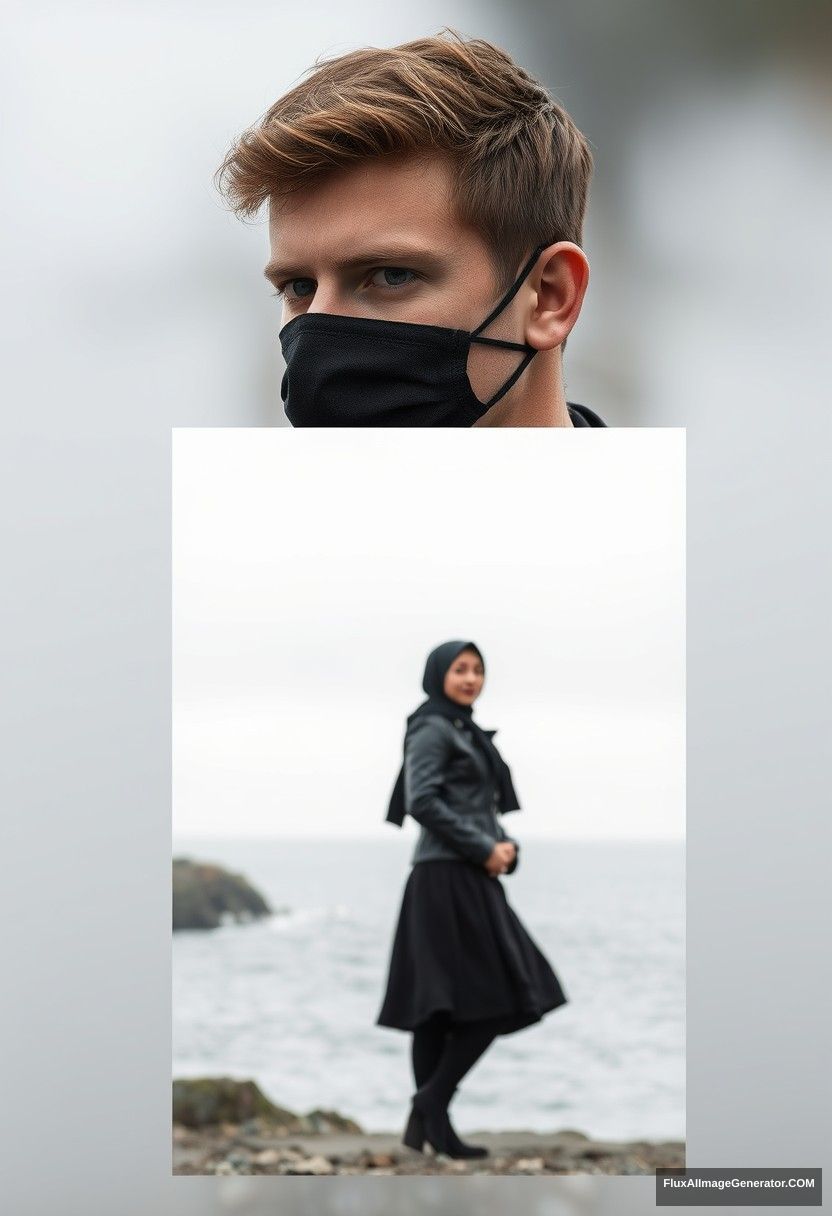 Jamie Dornan's head and body shot, handsome, youngest, black face mask, black leather jacket, jeans, dating, love with the biggest black hijab Muslim girl, not tall, beautiful eyes, face mask, maroon leather jacket, biggest black skirt, hyper-realistic, studio photography, full body photo, exploring at an abandoned castle, at sea, gloomy scenery.