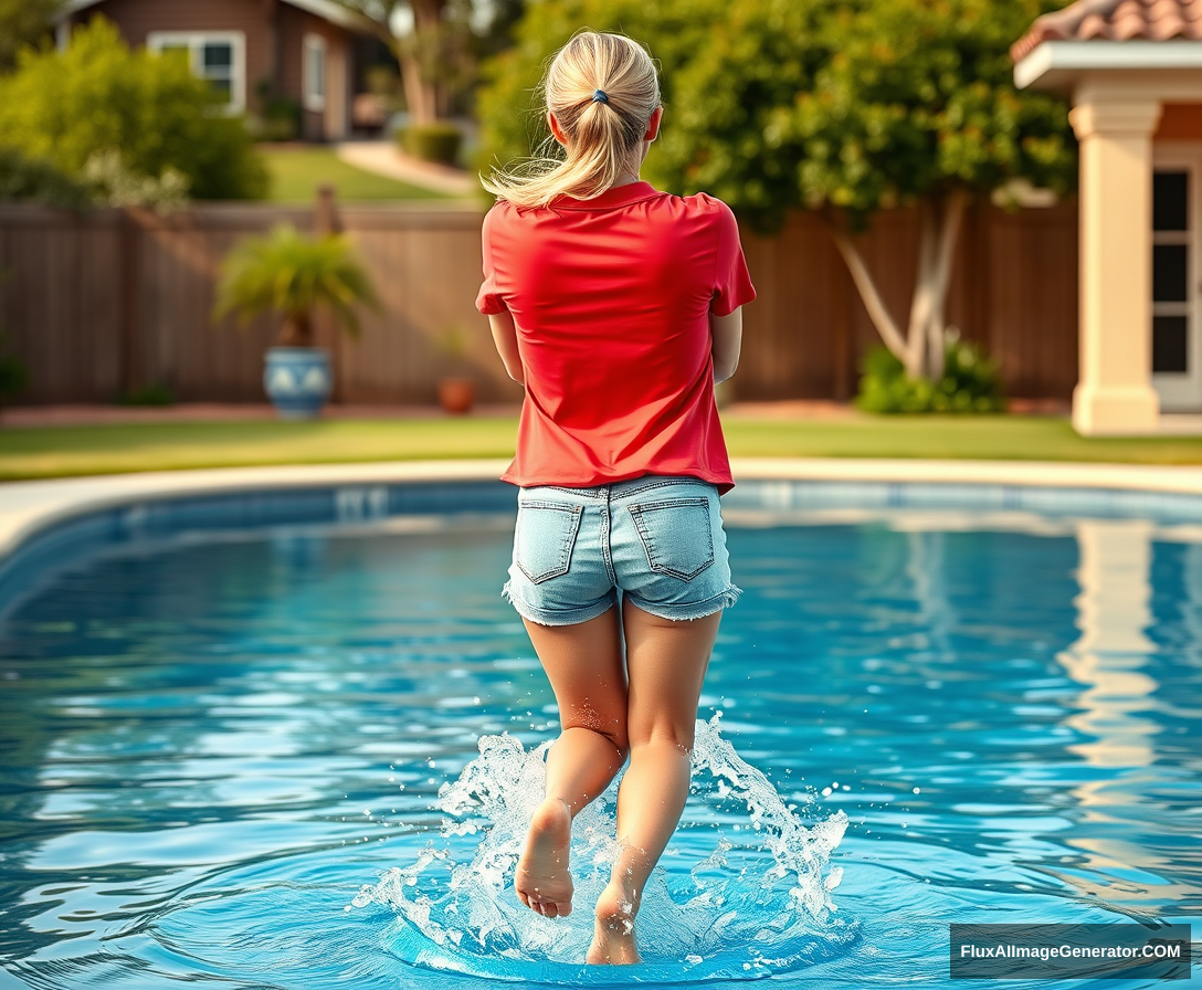 Back view of a young blonde skinny woman who is in her early twenties with a good tan, standing in her massive backyard. She is wearing an oversized red polo t-shirt that is slightly off-balance on one shoulder, and the bottom part of her t-shirt is untucked but not very long. She also has on M-sized light blue denim shorts and is barefoot, with no shoes or socks. She jumps into the pool with her arms crossed over her chest, creating a big splash as her legs go underwater. - Image