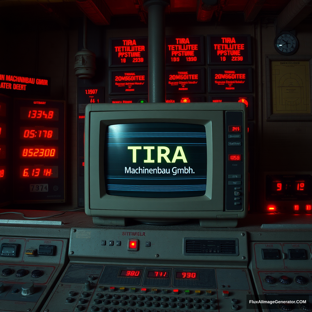 A bulky CRT computer monitor inside a power plant's control room, the action takes place in Eastern Germany during the cold war era, the room is poorly lit, the room is dirty and gritty, the monitor is embedded into a control desk with other numerical indicators and warnings, the monitor's horizontal scanlines are easily distinguishable, the monitor is turned on and it is displaying the text "TIRA Machinenbau Gmbh", a bleak and dystopian feeling is expressed, the lights inside the room are red and various alerts are displayed, brutalist authoritarian architectural influences are shown.