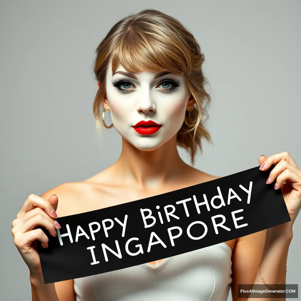 Taylor Swift in minimalist red and white face paint, holding a banner that says “Happy Birthday Singapore” - Image