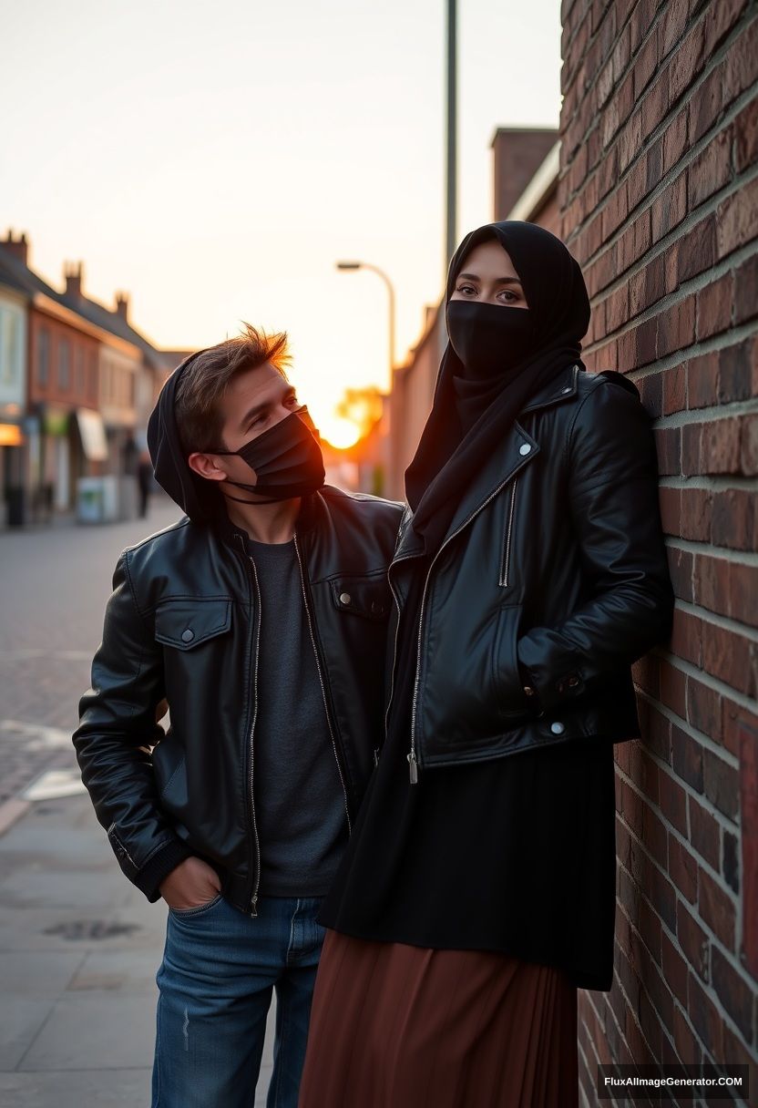 Jamie Dornan, handsome, young, wearing a black face mask, collage jacket, jeans, dating a beautiful Muslim girl with a big black hijab and beautiful eyes, also wearing a black face mask, black leather jacket, and a large skirt, standing and laying against a brick wall, in a town, morning scenery, sunrise, photorealistic, street photography.