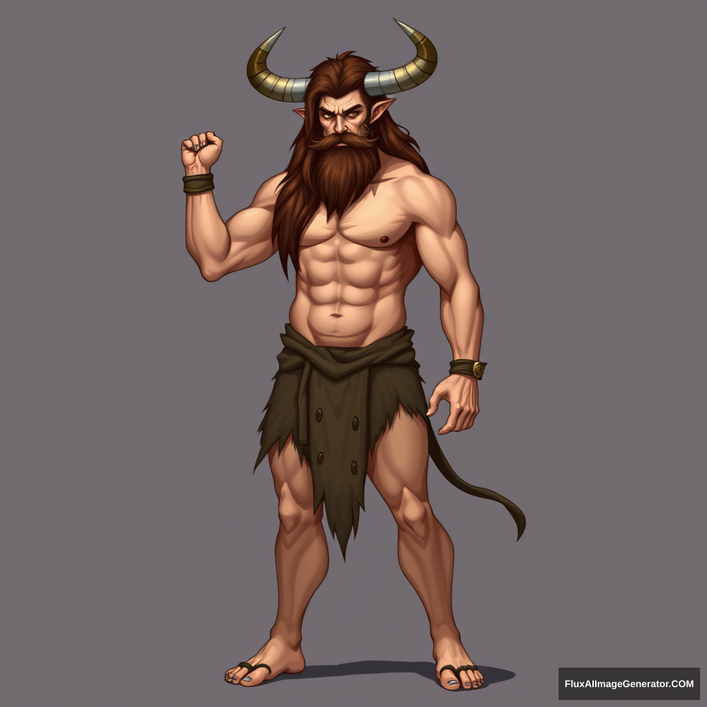 Full body picture of a long brown-haired and short-bearded guy as a Minotaur.