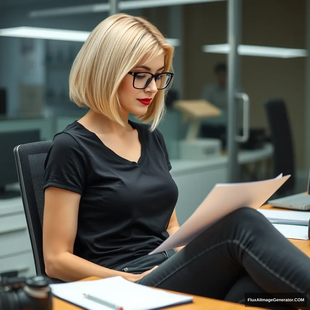 A woman with a blonde bob haircut, wearing black-rimmed glasses and red lipstick, in her 30s, is sitting at her desk in an office, reading a note. She is dressed in skinny dark grey jeans and a black t-shirt, with her feet resting on the table. - Image