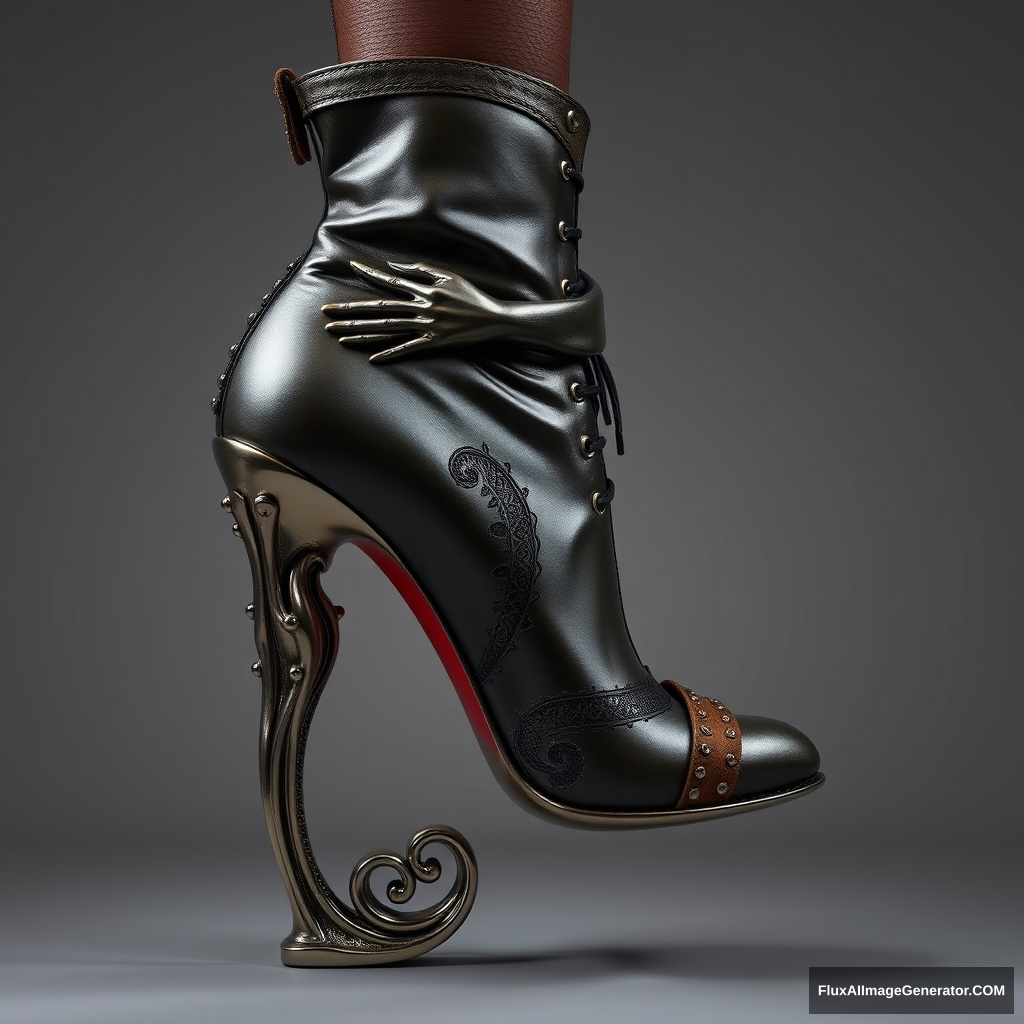 A high-fashion stiletto boot with a unique heel that represents a metallic sculpture of an entire woman's body in an artistic and sexy pose, embracing the heel and boot body, with intricate details, leather, suede parts, nails, and lace.