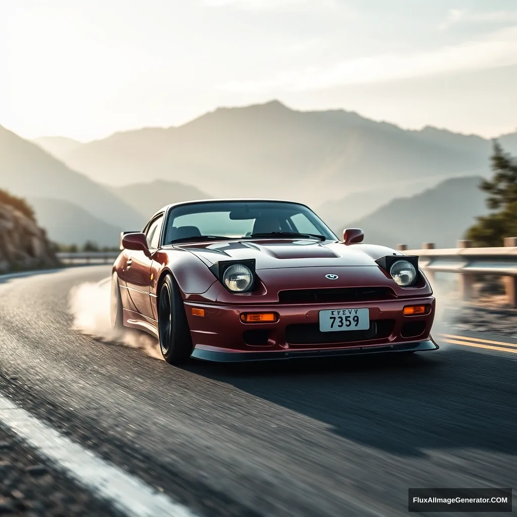 Create an image of an Eunos Roadster drifting on a mountain road.