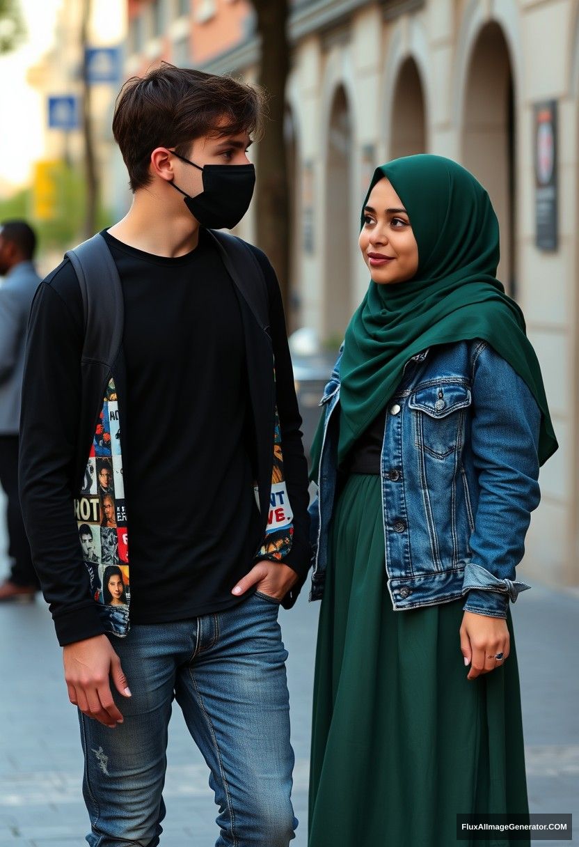 Jamie Dornan, young, black face mask, black T-shirt, riot collage jacket, jeans, red sneakers, dating romantically with a Muslim girl in a green hijab, beautiful eyes, black face mask, jeans jacket, longest skirt, not a tall girl, photorealistic, street photography, full photography.