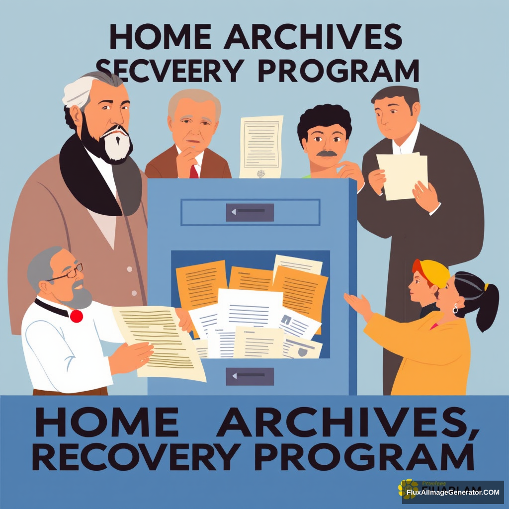 Make a promotional poster for a program called: Home Archives Recovery Program. The poster should depict historical figures from Guanajuato as well as other citizens depositing documents into an archive cabinet.