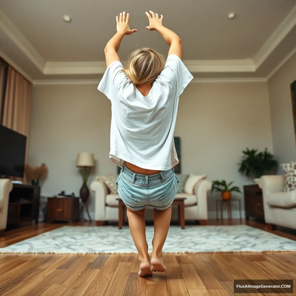 A right angle of a slim blonde woman in her large living room, wearing a massively oversized white t-shirt that is also very uneven on one of the sleeves, along with oversized light blue denim shorts. She is barefoot and facing her TV, diving headfirst with both arms raised below her head, which is looking up, while her legs are in the air at a -60 degree angle. - Image