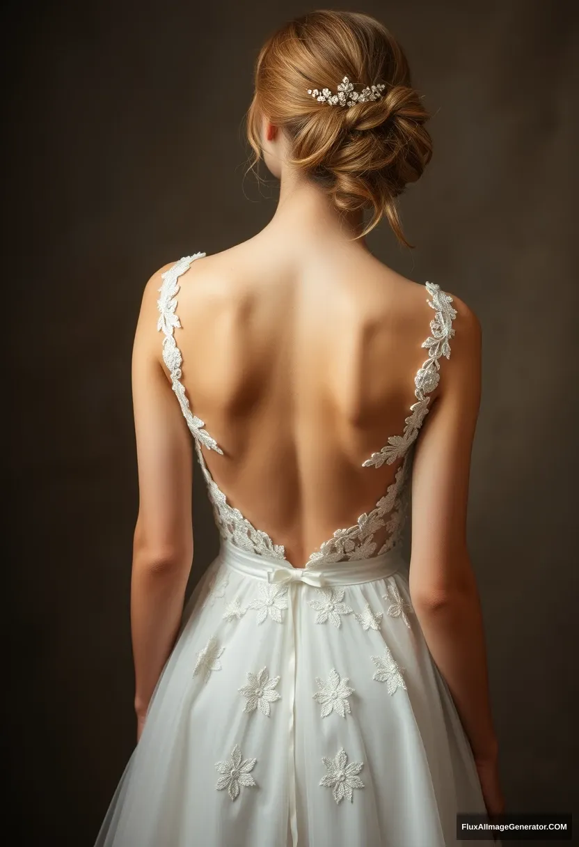 a young woman, sensitive, delicate, ashamed, backless wedding dress