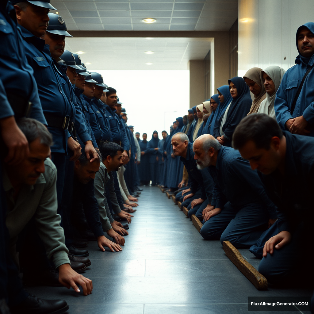 A row of men, dressed in casual attire, kneel in unison, their faces contorted in a mix of despair and resignation as they're restrained by a line of stern-faced police officers in crisp blues. Behind the officers, a group of Muslims, dressed in long robes and headscarves, stare intently, their expressions a testament to their faith. The stillness of the moment is palpable, the only sound the soft rustling of fabric and the distant hum of city life. The composition is straight-on (1.4), with the viewer placed at eye-level with the kneeling men, emphasizing their vulnerability. The atmosphere is heavy with tension and solemnity, the type of mood often achieved through the use of warm, golden lighting. In this instance, a combination of softbox lighting and overhead lighting creates a warm, embracing glow, with a subtle warmth to the shadows. The color palette is muted, with a focus on soothing blues and greys, punctuated by the vibrant hues of the Muslims' attire. The film grain is minimal, with a subtle texture that adds depth to the image without overpowering the subject matter. The color grading is naturalistic, with a gentle contrast that brings out the textures and details of the scene. This scene is reminiscent of the visual style of renowned director, Terrence Malick, known for his contemplative and visually stunning works. - Image