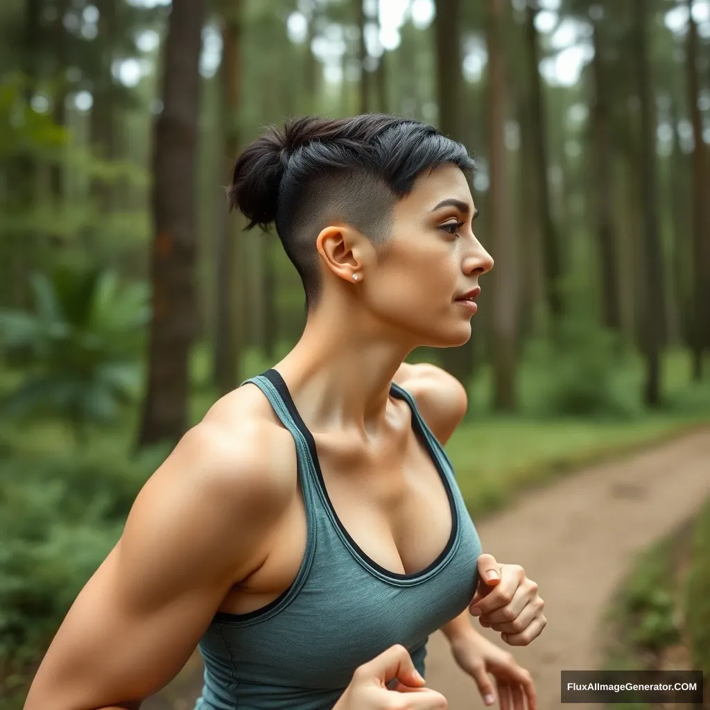 "A woman with a crew cut, healthy and muscular, is exercising, running in the forest, seen from a low angle."