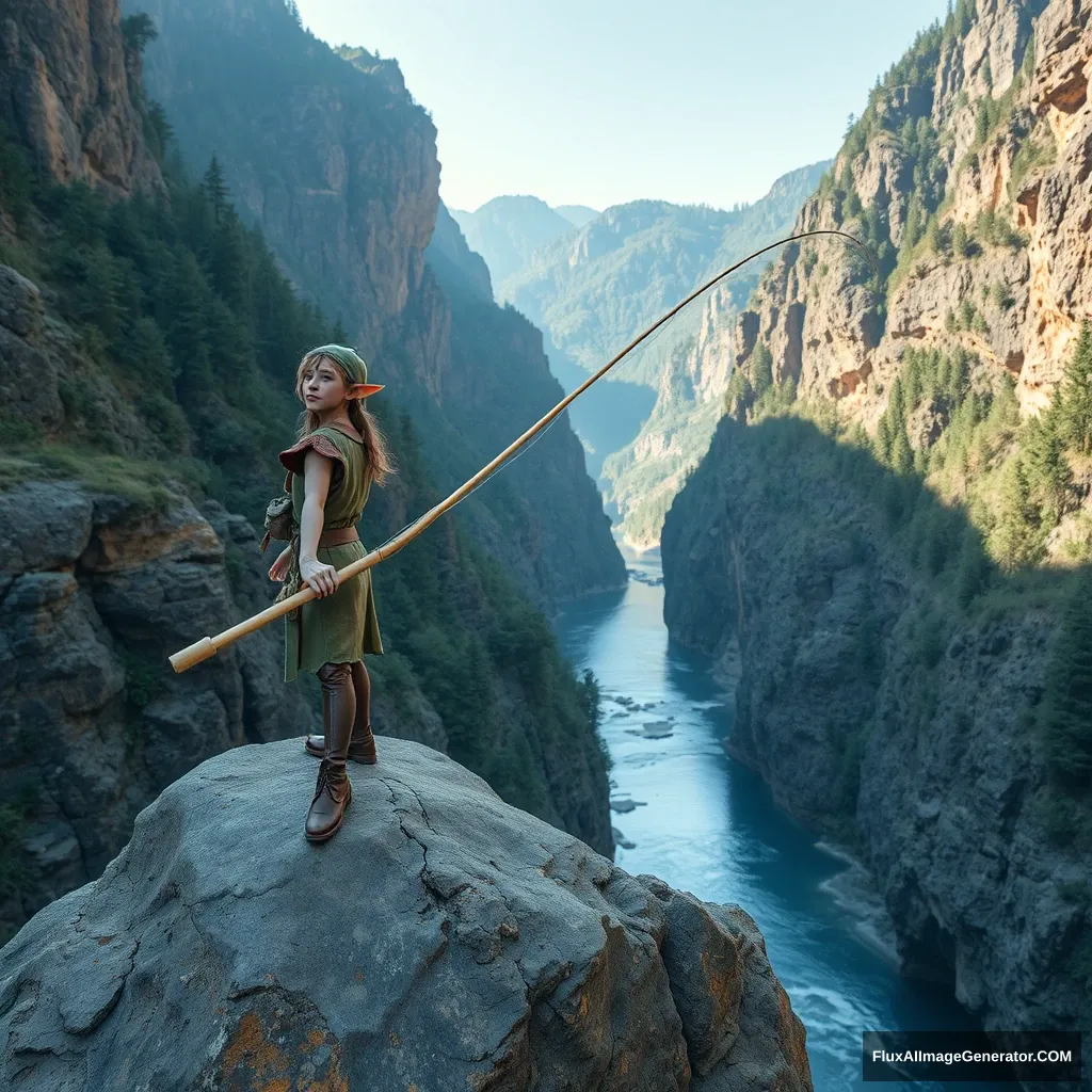 An elf made a bamboo fishing rod on a rock in a deep mountain canyon, fishing for river grouper, highlighting the depth of the canyon and the primitive forests on both sides.