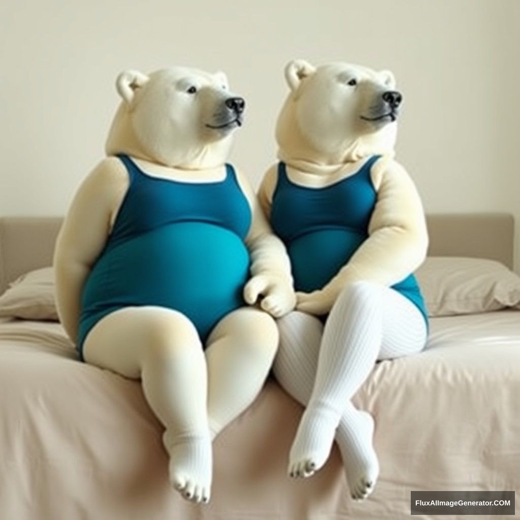 A chubby couple of polar bears, wearing a turquoise navy blue leotard and white ribbed pantyhose, sitting on the edge of a bed, full body pose sideways, hands holding each other at the waist. - Image