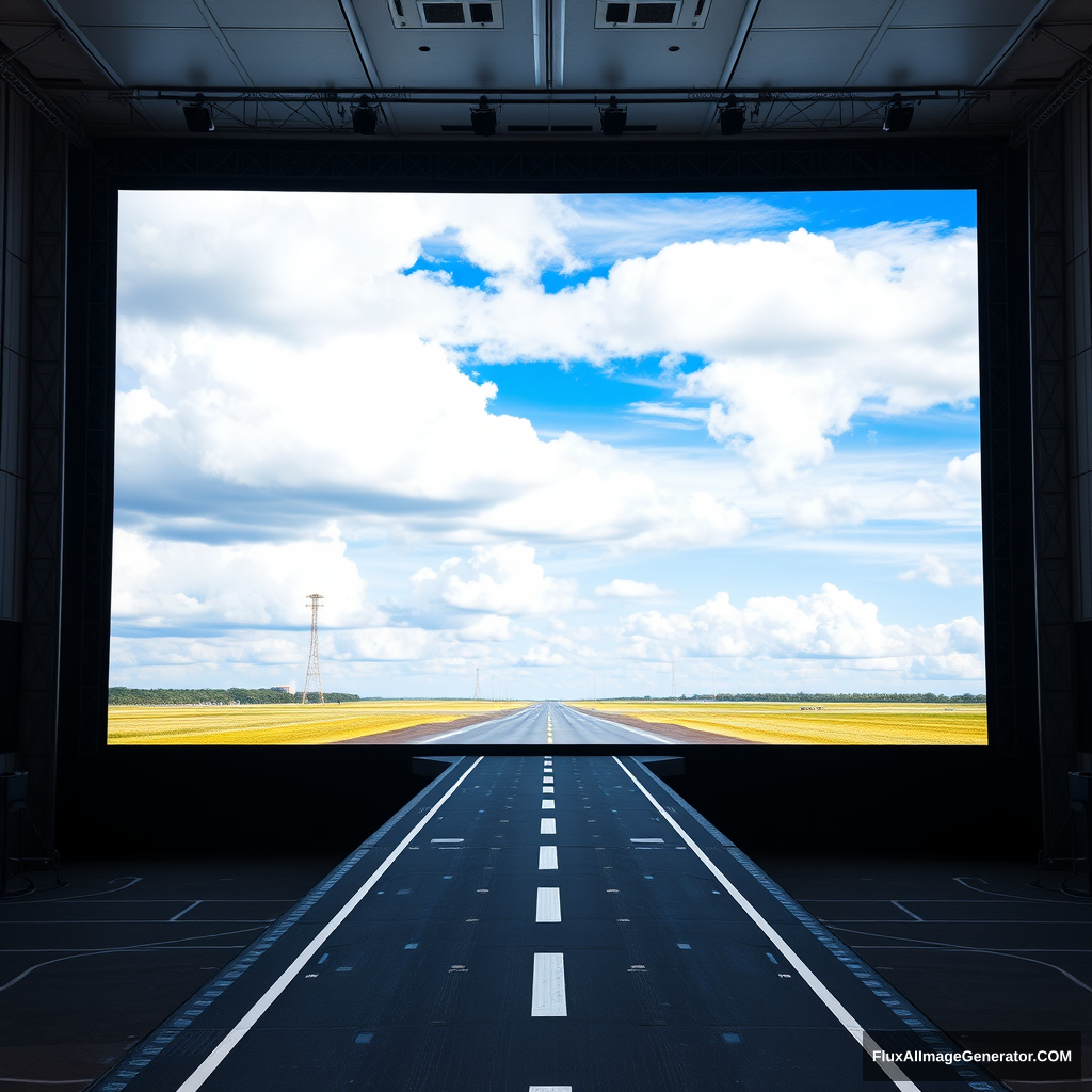 100 feet tall 350 feet wide screen displaying clouds and sky with a tiny little runway going from a vantage point leading to the screen the runways vantage point getting larger as it comes to the forefront of the overall image.