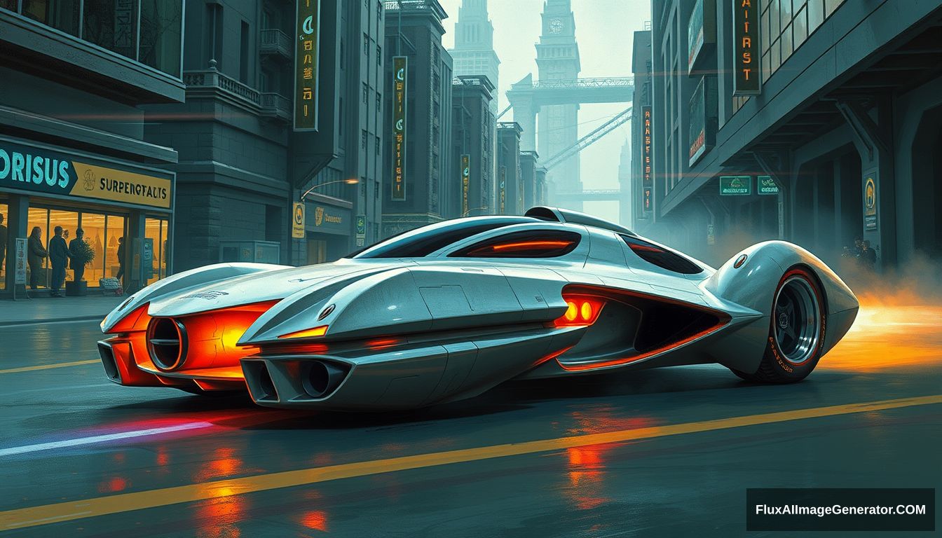 A fighter inspired concept car, as painted by Syd Mead, in a futuristic city setting. - Image