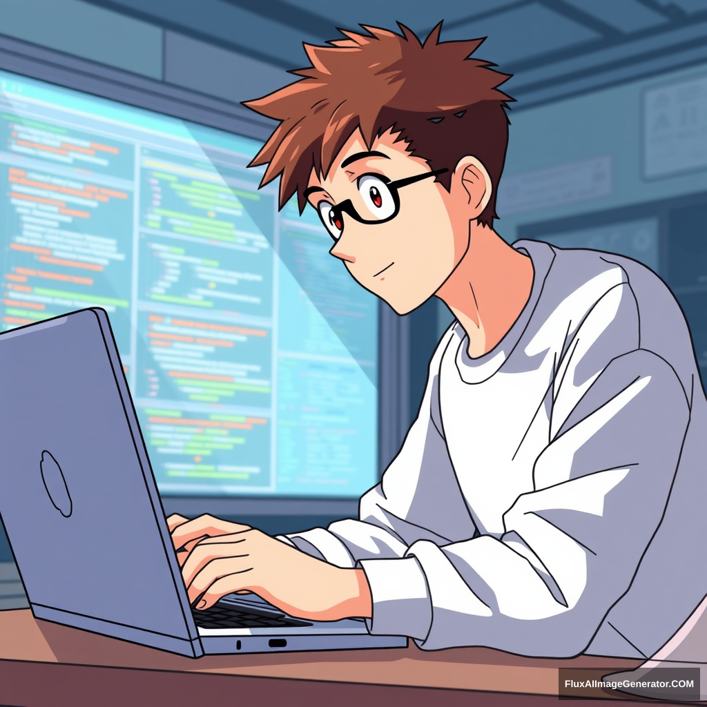 A teenage boy in an anime theme working on a laptop solving a bioinformatics problem.