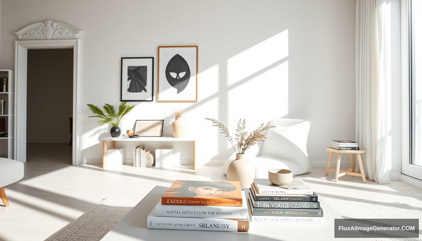 A photo of stylish home decor in a minimalist apartment, Scandinavian style interior, long shot, white aesthetic, coffee table books, shadowplay, high-quality photography, Sony Alpha 7 III camera and a Sony FE 50mm f/1.8 lens, direct sunlight, Vogue magazine style.