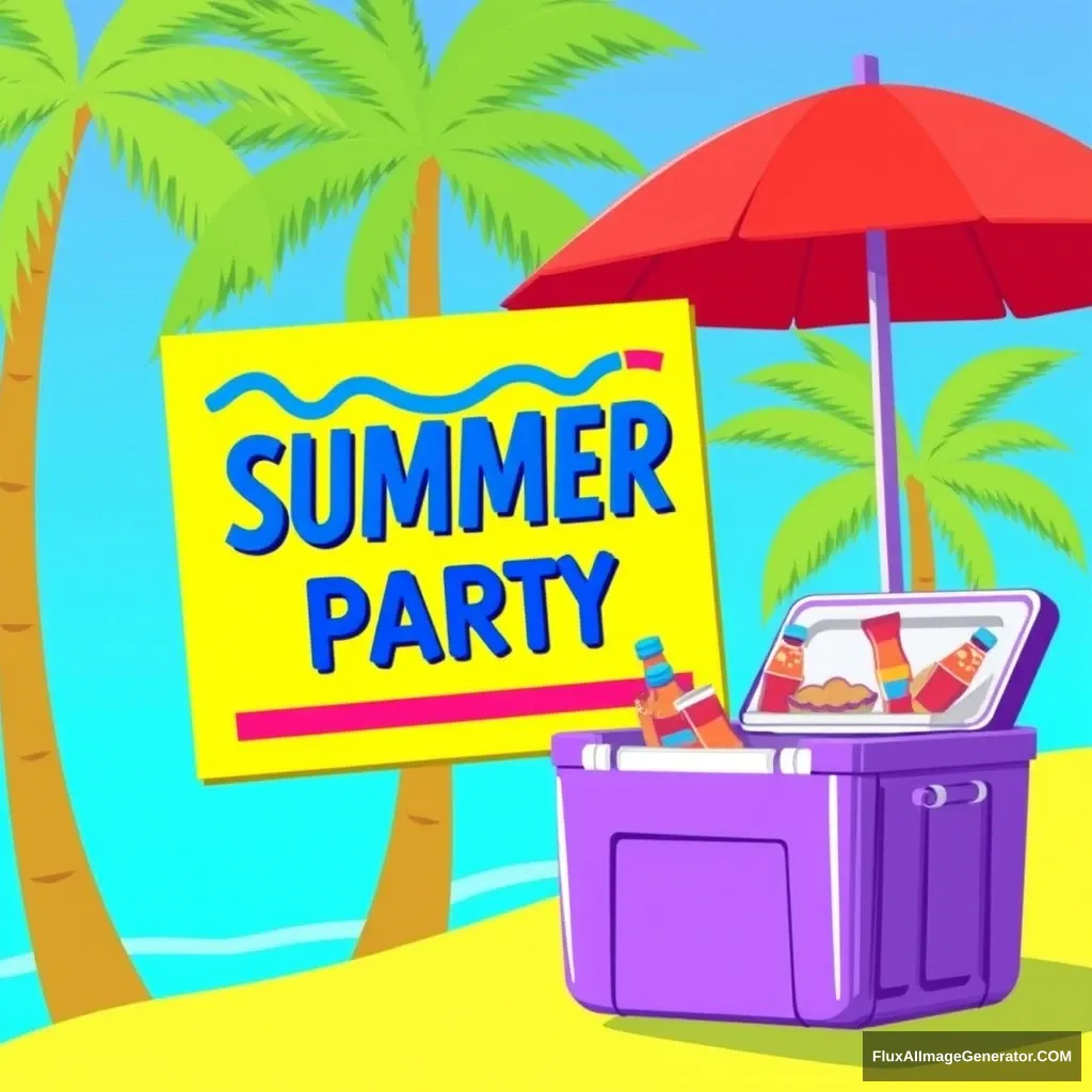 The image features a colorful, stylized illustration, possibly for an advertisement or creative project. In the center, there's a large banner with the words "SUMMER PARTY" in bold, capitalized font against a bright yellow background with wavy blue lines above and a pink stripe below. The design within the poster is modern and abstract, with a retro vibe. The banner is duplicated in a smaller frame to its right, creating a sense of depth and repetition. Both frames are angled, adding dynamic movement to the scene. The background suggests a beach environment with simplified representations of palm trees in bright colors like green and blue, implying a seaside view. To the right of the banners, there's a beach umbrella with a classic design, colored in shades of red and casting no discernible shadow. The base of the umbrella is obscured, suggesting it's behind the smaller banner, further playing with the perception of space. On the right edge of the image is a cooler filled with drinks and snacks, indicating a party setup. The cooler is purple with a single yellow and blue striped pattern, echoing the color scheme found throughout the image. The style of the image is flat with outlined elements, reminiscent of pop art or comic art. - Image