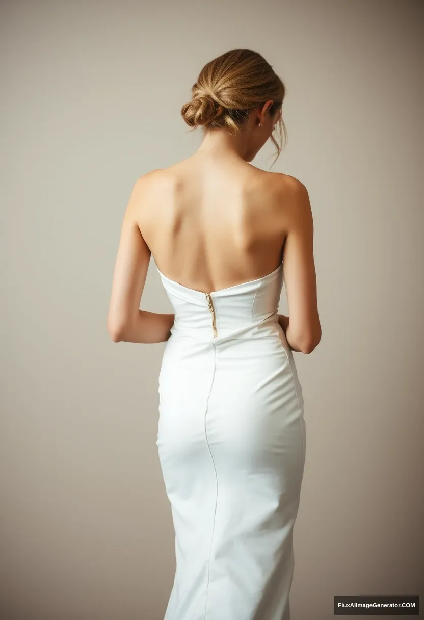 A short young woman, sensitive, delicate, ashamed, wearing a backless, strapless, side-less, low-waisted, open-back contouring wedding dress with a loose top that seems like it's coming undone, in front of patriarchy, expectations. - Image