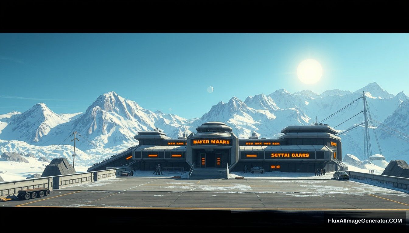 Cel shaded art, wide shot, a sci-fi center on the top of a snow mountain, open air, close look, cyberpunk, military base, Star Wars style, indoor, patio, morning, sunlight, fortress, mountain, rock, snow, tarmac, parking apron.