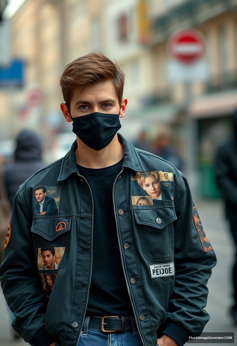 Jamie Dornan, young, black face mask, collage jacket, jeans, hyper-realistic, street photography.