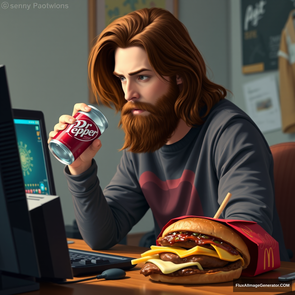 Long brown-haired and short-bearded tall skinny guy playing a PC game while drinking Dr Pepper and has a McDonald's Triple Down Sandwich on the table.