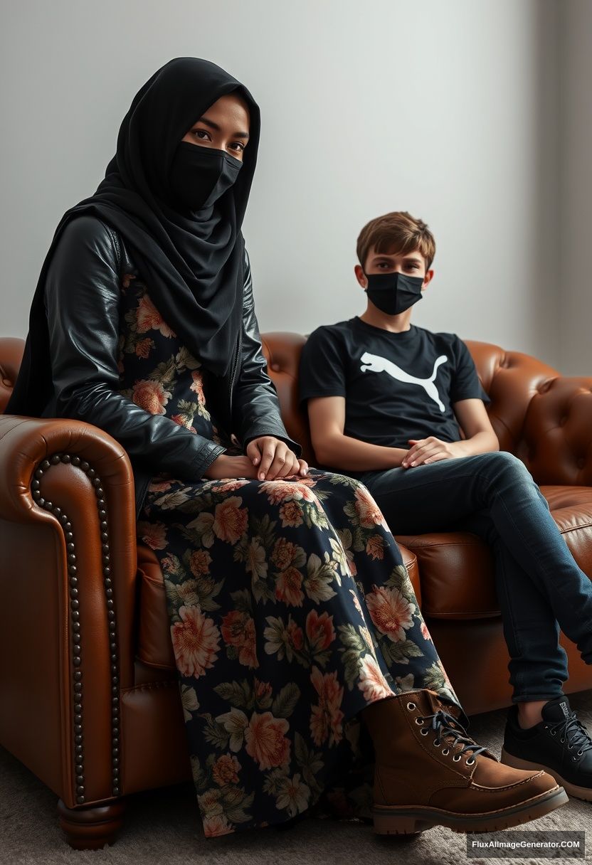 A biggest black hijab girl, slim girl, beautiful eyes, face mask black, black leather jacket, biggest floral long dress, Timberland boots, sitting on a leather single wing sofa,

Jamie Dornan, youngest, in a black Puma T-shirt, jeans, black leather sneakers, tall man, face mask black, fit body, sitting near her,

hyper-realistic, studio photography. - Image