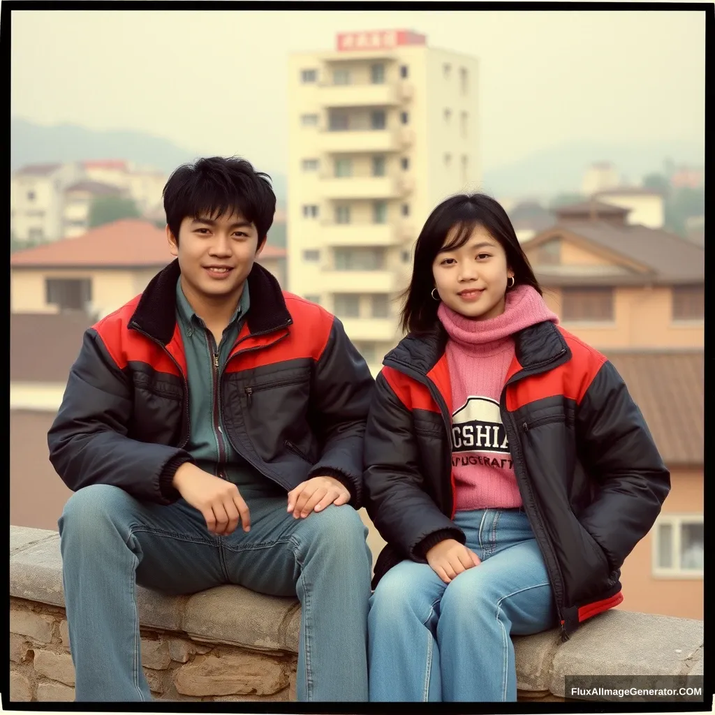 A pair of young Chinese lovers, wearing jackets and jeans, sitting on the roof, the background is Hangzhou in the 1990s, and the opposite building can be seen. - Image