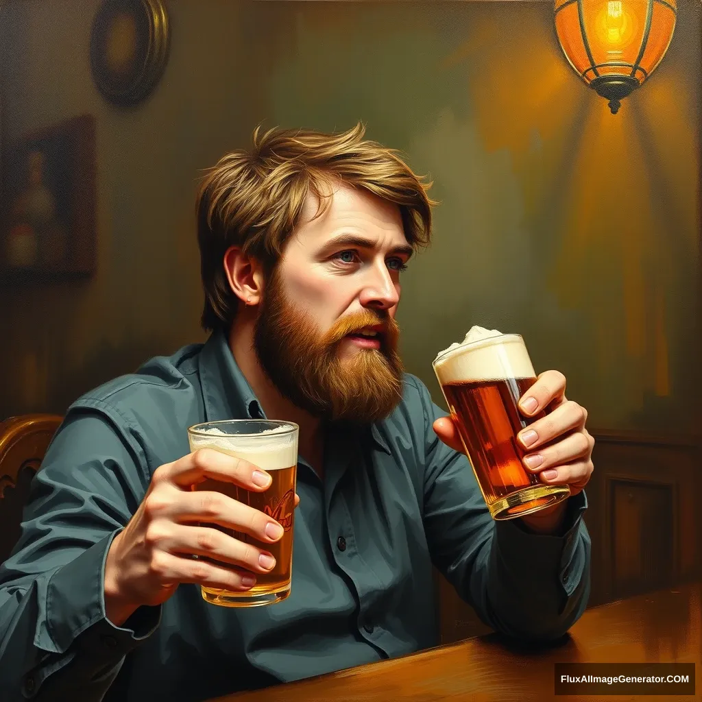 I want a painting of Rick Nitrauw, a 30-year-old male with brown hair, getting absolutely hammered after his tenth pint of the day. - Image