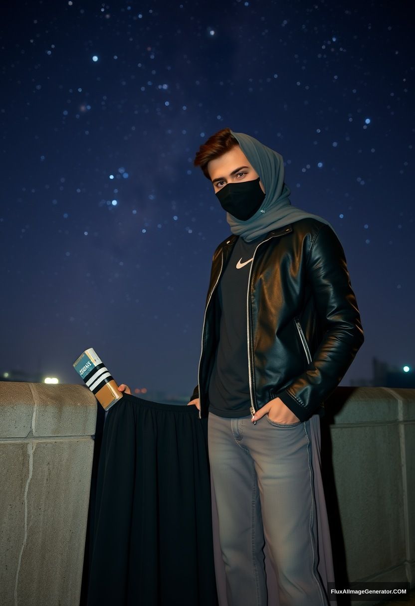 Jamie Dornan, youngest, black face mask, collage jacket, Nike t-shirt, jeans, tall man, fit body,

Dating, love with the biggest grey hijab Muslim girl, beautiful eyes, black face mask, leather jacket, biggest longest skirt, cute short girl,

standing by the wall, night scenery, milky-way, hyper-realistic, photorealistic, street photography.