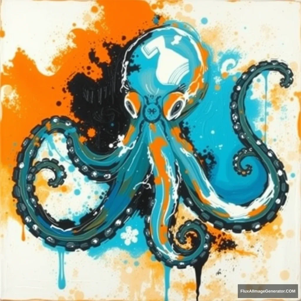 beautiful, impasto, very visible brushstrokes, oil paint, golden ratio, abstract, conceptual art, abstract expressionism, want to express the tension between orange turquoise hues of blue white and black, an ancient greece octopus insinuated, in the Style of Driskell - Image