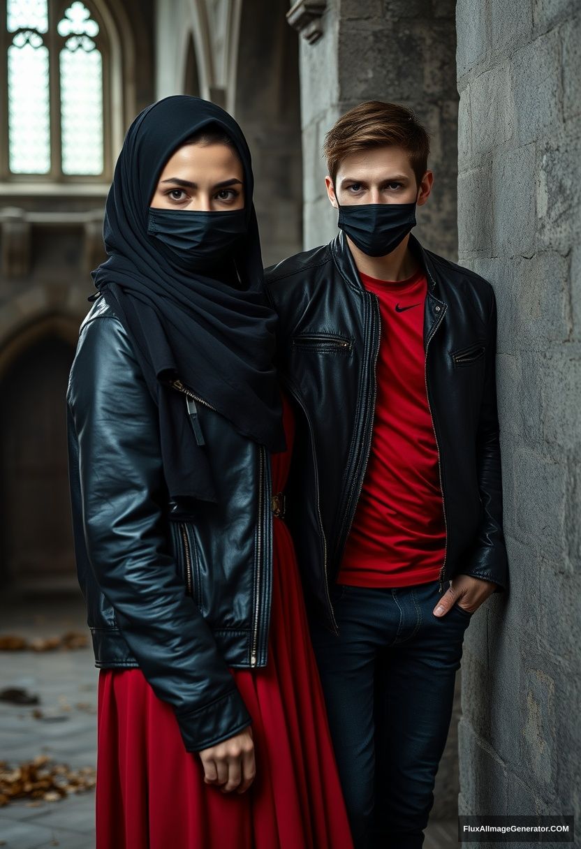 A big black hijab girl, beautiful eyes, black face mask, black leather jacket, long red dress, not tall, leaning against him,

Jamie Dornan, handsome, black face mask, fit and tough body, red Nike t-shirt, black leather jacket, jeans, tall man, leaning against the wall.

Hyper realistic, photorealistic, studio photography, Victoria's abandoned castle, gloomy. - Image