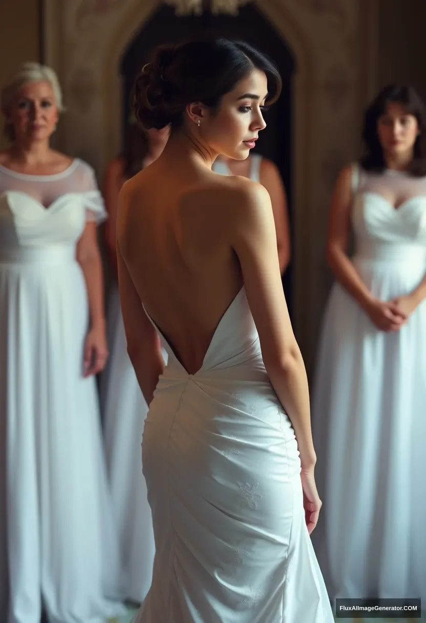 A short young woman, sensitive, delicate, ashamed, wearing a backless, strapless, side-less, low-waisted, open-back contouring wedding dress that's starting to come undone, standing in front of elder patriarchy, expectations, anticipation.