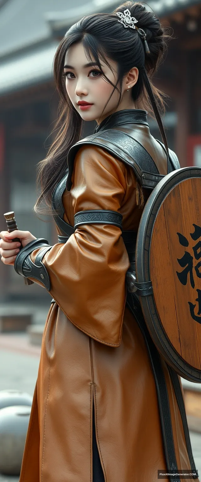 A gorgeous and elegant girl (like Tang Wei, with tousled hair and a silver hairpiece) is wearing leather armor (in a traditional Korean clothing style), with the skirt hemline at the back. The pus is on one side of the stain, holding a traditional Korean sword and round shield (inscribed with "한"), in a hyper-realistic photo, created using Unreal Engine.