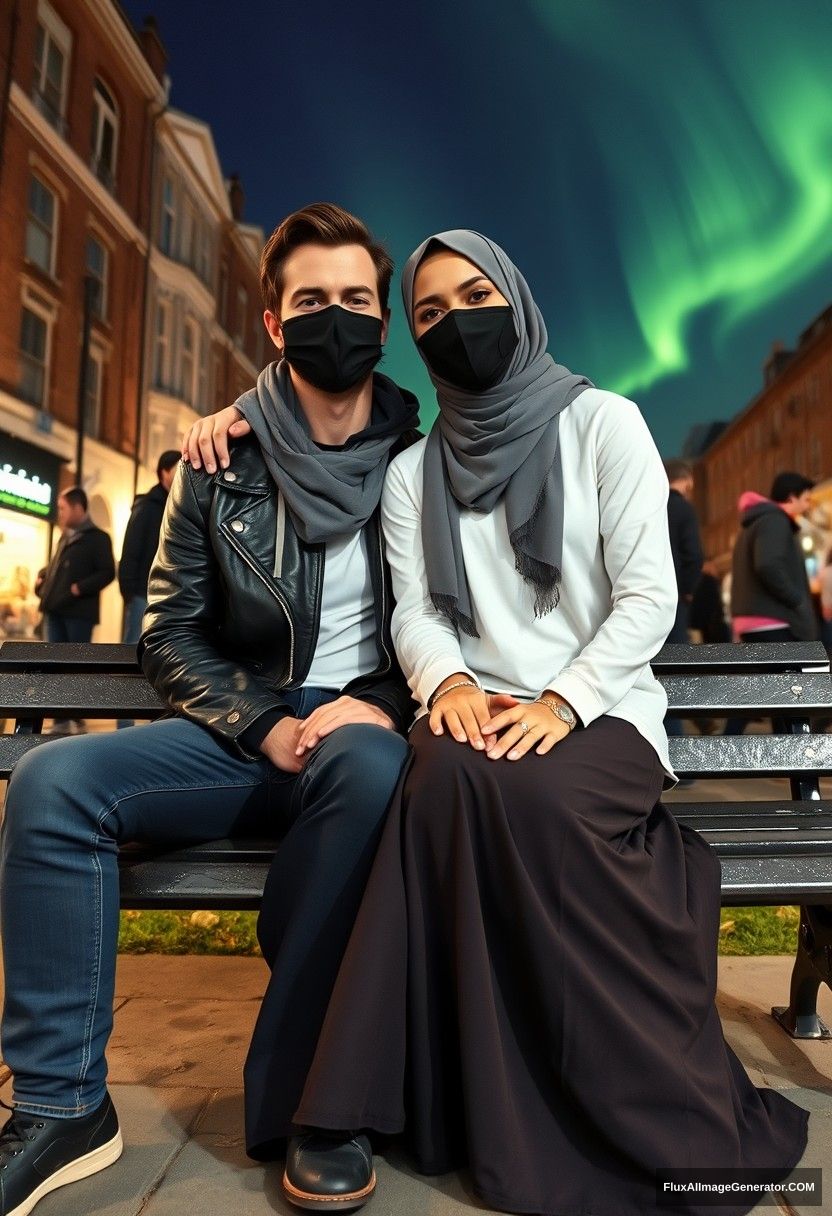 Jamie Dornan, tall and young, wearing a black face mask, a white Nike t-shirt, and jeans, is dating a beautiful Muslim girl with grey hijab, beautiful eyes, and a black face mask, dressed in a leather jacket and an extremely long and oversized skirt. She is not tall. They are sitting together on a park bench, leaning on each other's shoulders in a town setting, with strangers in the background. The scene is photorealistic, reminiscent of a selfie, with a night scenery featuring the aurora borealis. - Image