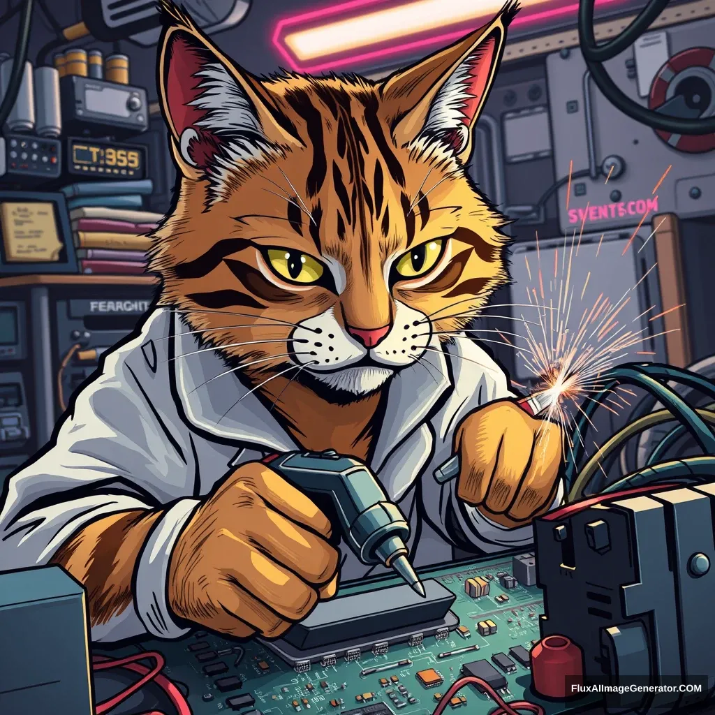 A focused feline technician, whiskers twitching with concentration, delicately wields an electric soldering iron over a complex motherboard. Manga-style sharp lines and exaggerated expressions capture the cat's determined gaze. Sweat beads comically large as sparks fly in a cluttered, neon-lit workshop.