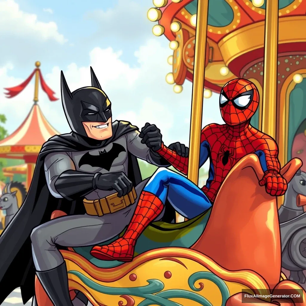 Comic style Batman and Spider-Man, playing on a carousel together in an amusement park.